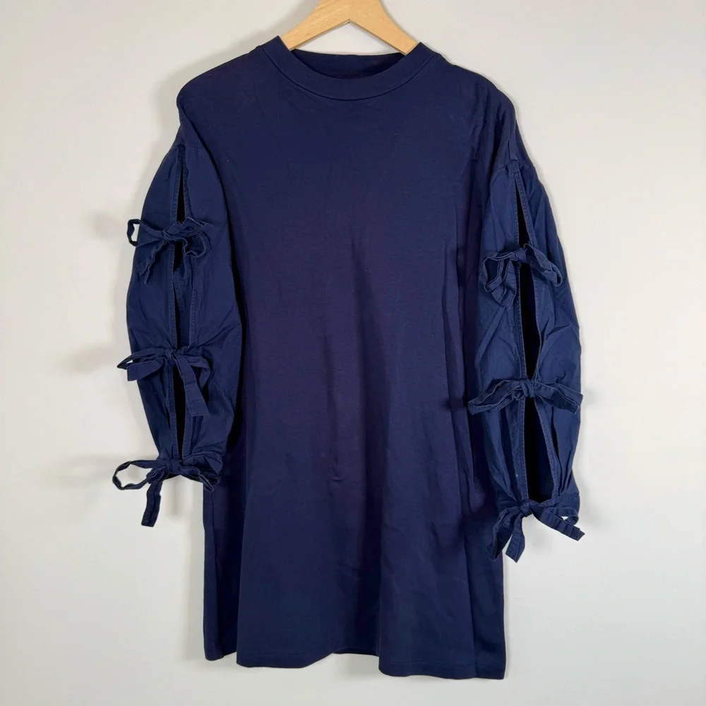Tory Burch Classic‎ Emilia Bow Tie Long Sleeve Basic Mini Dress Navy Size Small